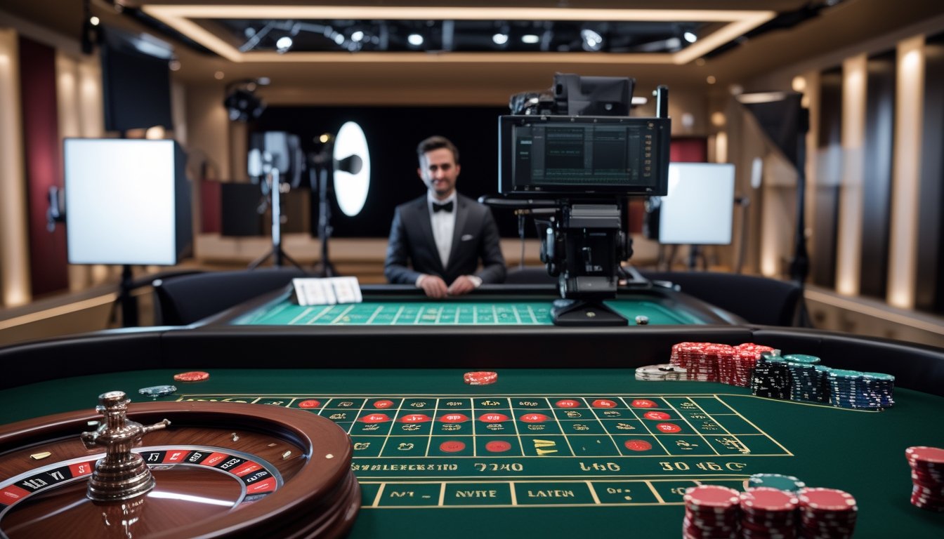 Dealer profesional berdiri di studio kasino langsung dengan meja roulette dan keping taruhan.