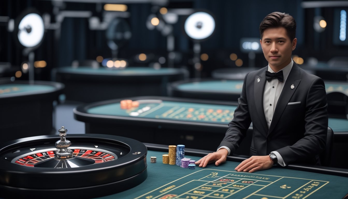 Croupier profesional memandu permainan roulette di studio kasino live yang modern.