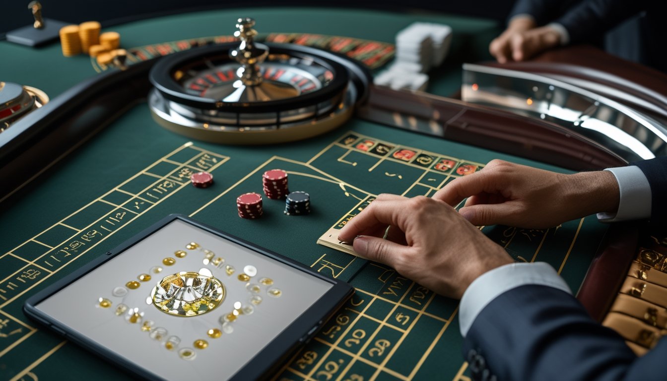 Meja roulette modern dengan roda roulette, keping taruhan, dan perangkat analisis bermotif spiral emas.