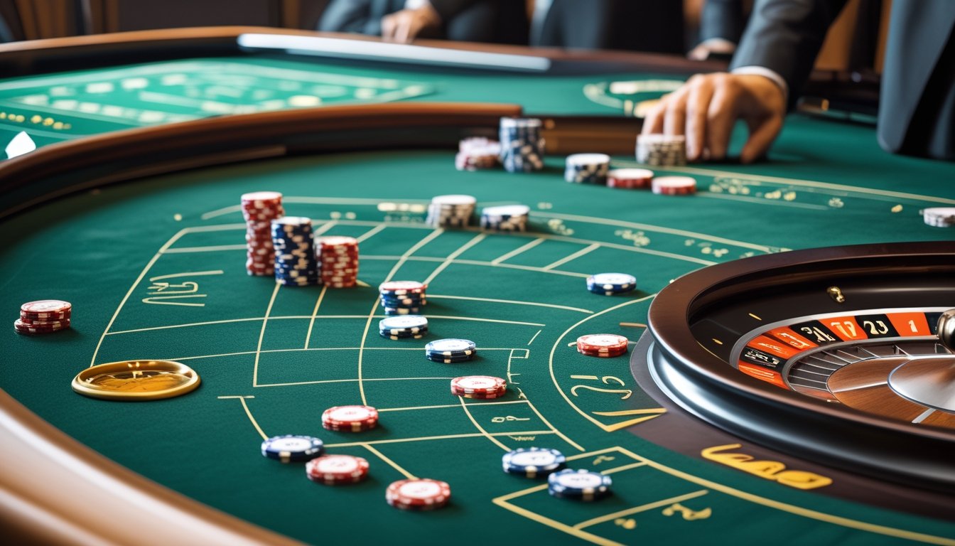 Meja roulette dengan roda berputar, keping kasino, dan susunan keping yang melambangkan pola matematika.