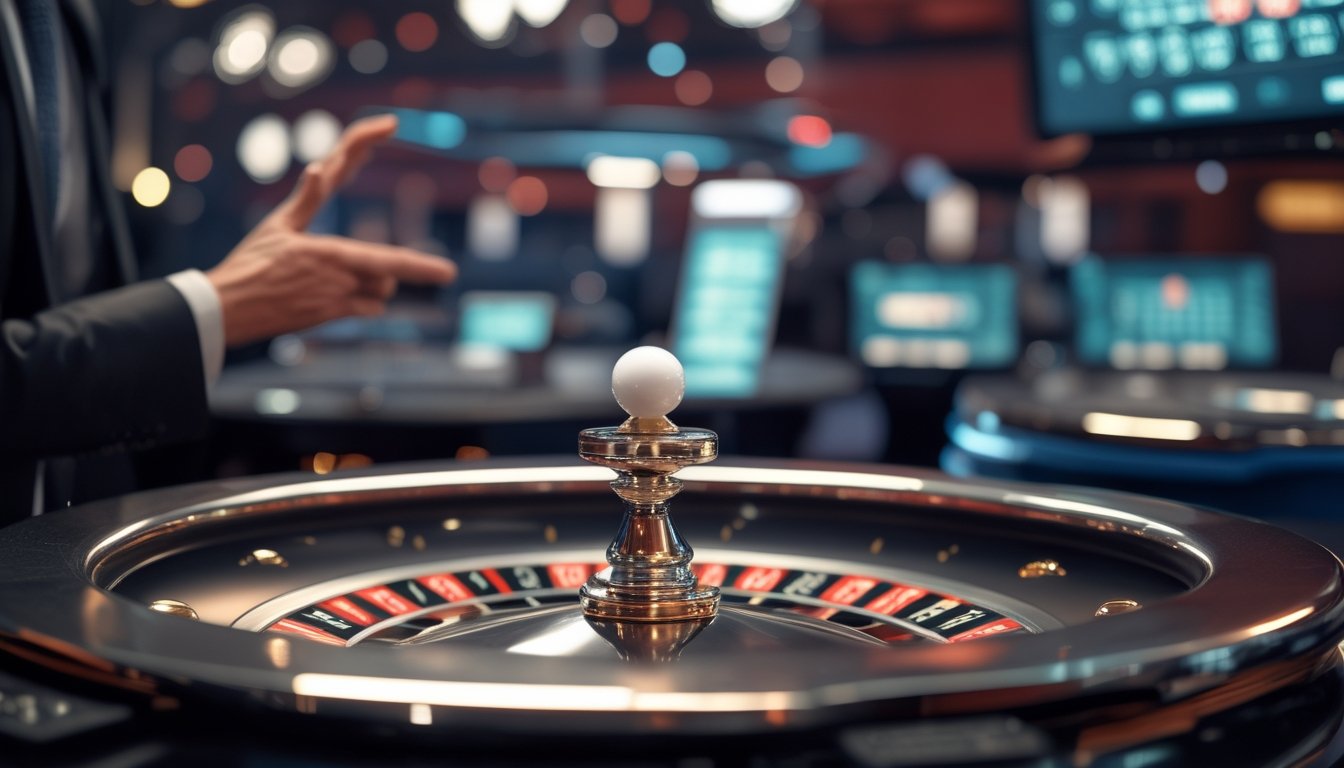 Roda roulette berputar dengan bola putih di studio kasino live modern.