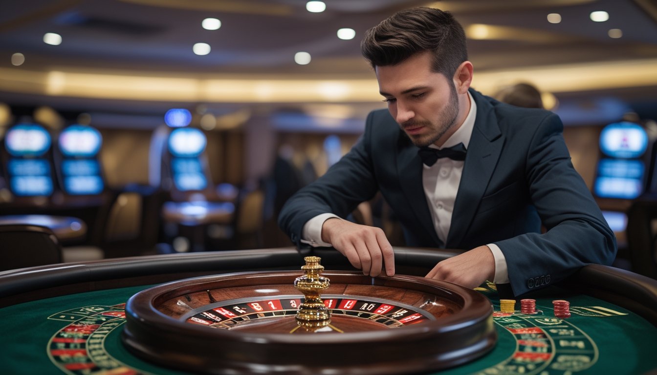 Seorang pemain pemula mengamati permainan roulette dengan tenang di meja kasino sementara dealer mengawasi.