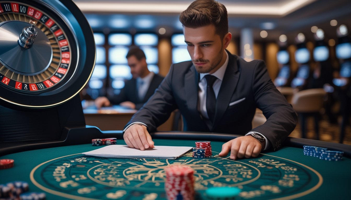 Seorang pemain pemula mengamati roda roulette yang sedang berputar sambil merencanakan taruhan dengan hati-hati.