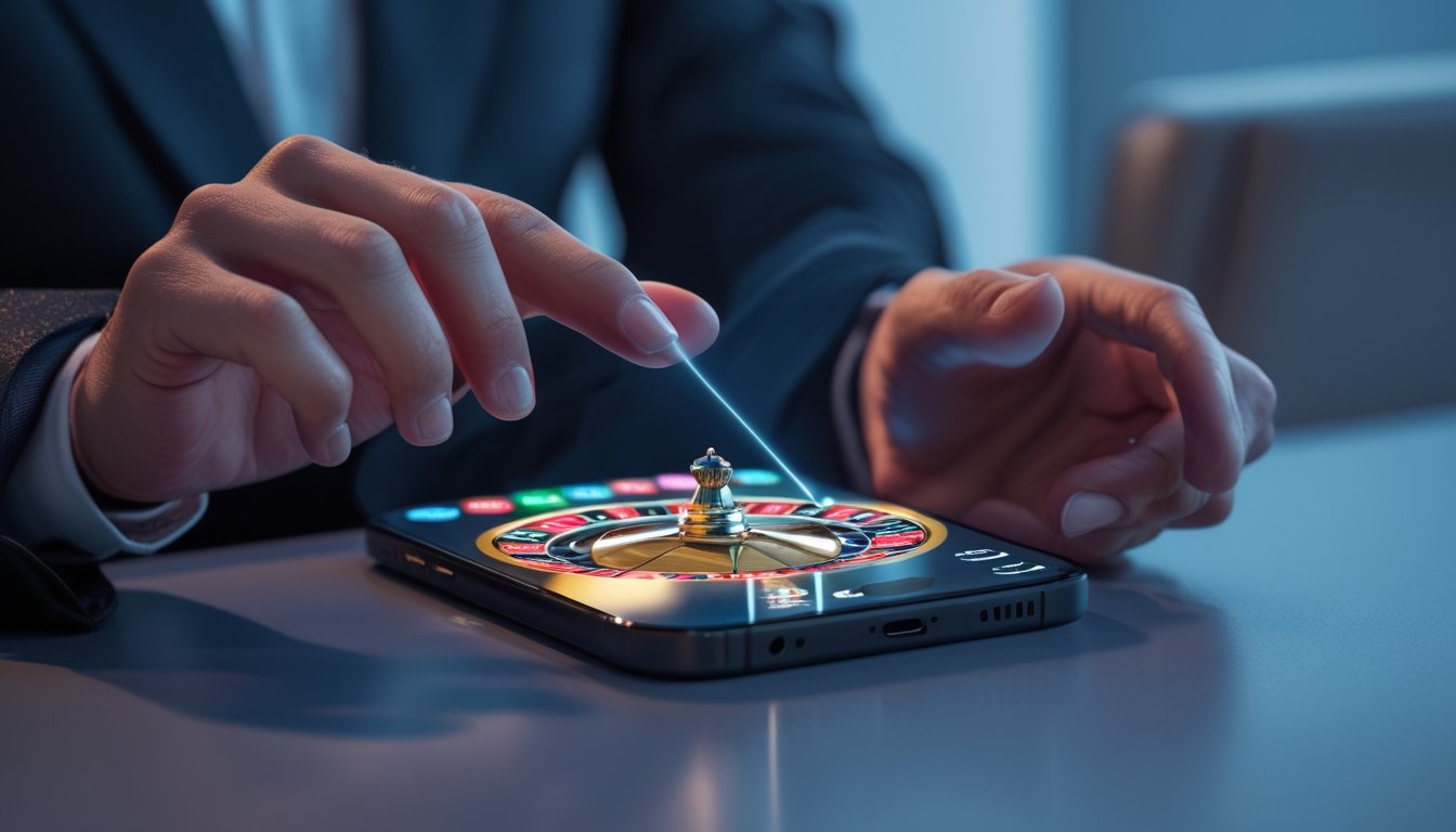 Seseorang memainkan permainan roulette digital pada ponsel pintar di ruangan modern.