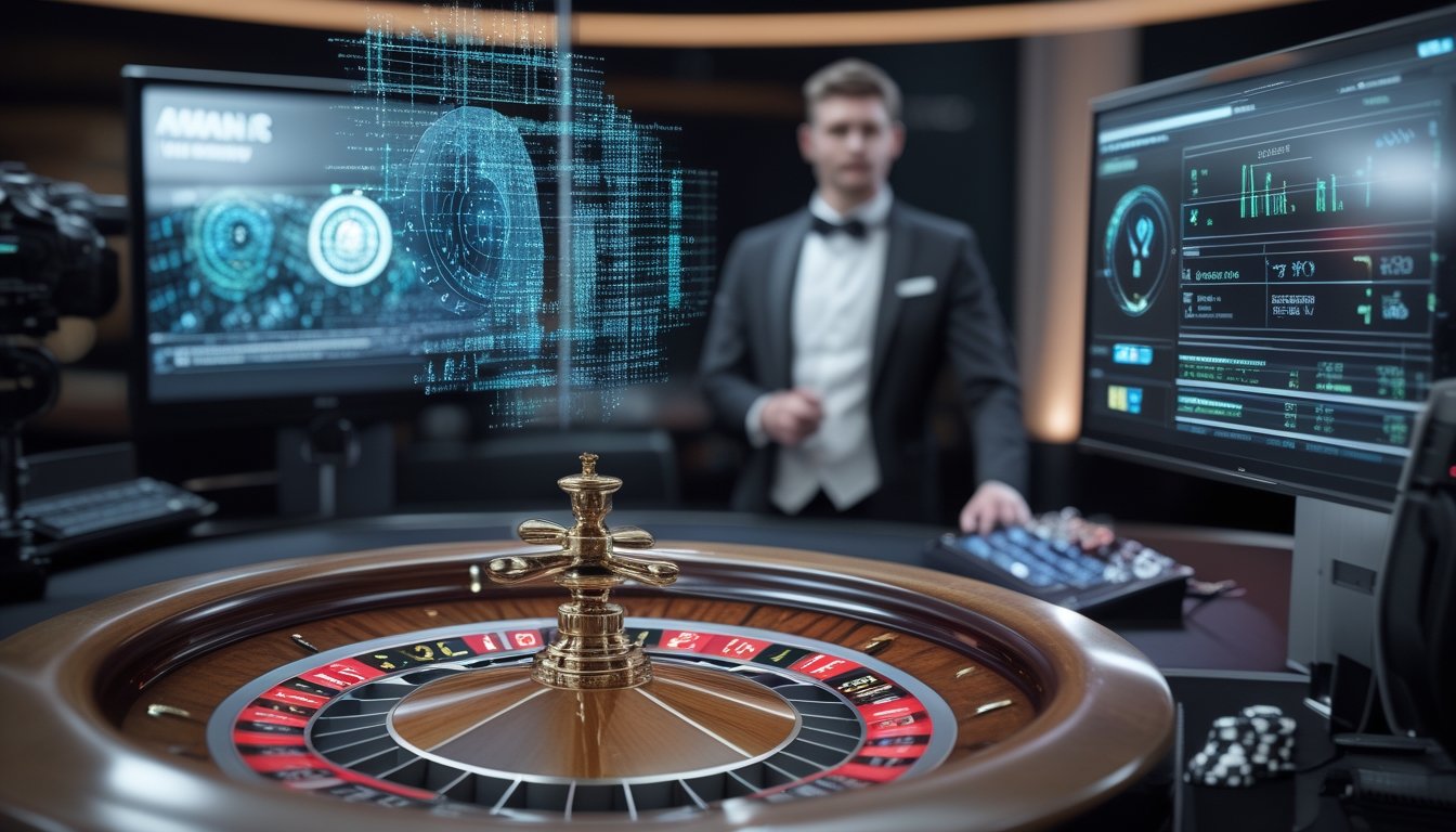 Roda roulette berputar di studio kasino modern dengan dealer dan elemen analisis digital.