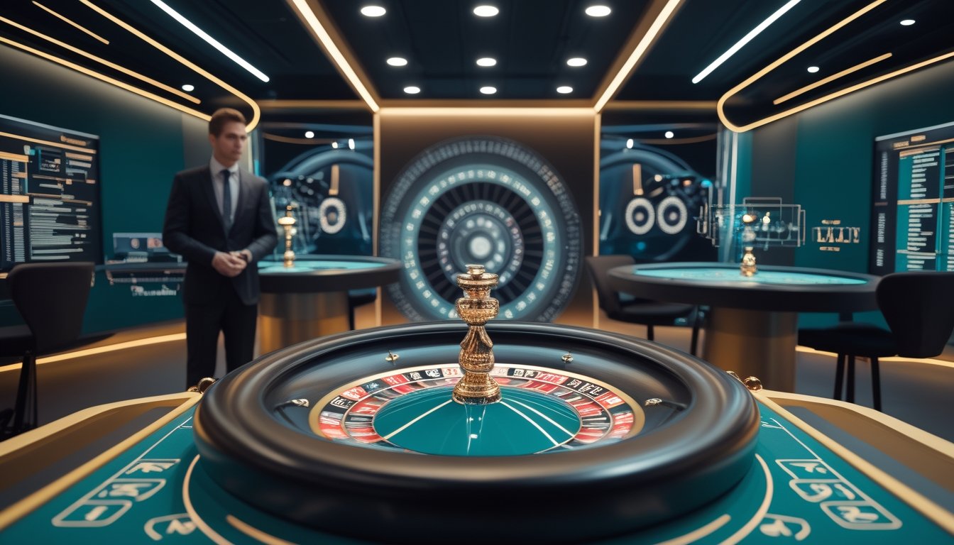 Roda roulette berputar di studio kasino live dengan dealer dan elemen visual digital yang menggambarkan pemrosesan data waktu nyata.