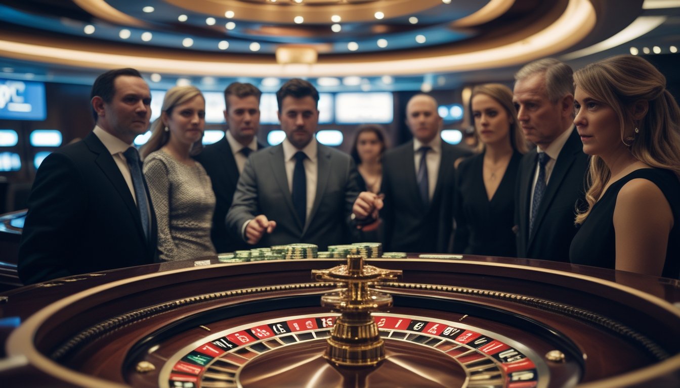 Pemain dan dealer mengamati roda roulette yang berputar cepat di kasino dengan ekspresi beragam.