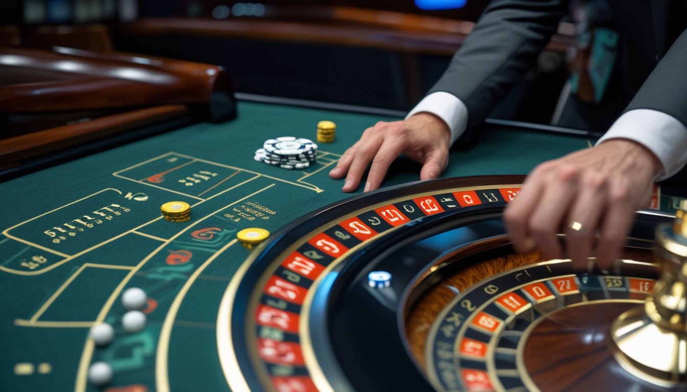 Roda roulette berputar cepat di kasino modern dengan seorang pemain yang memasang chip.