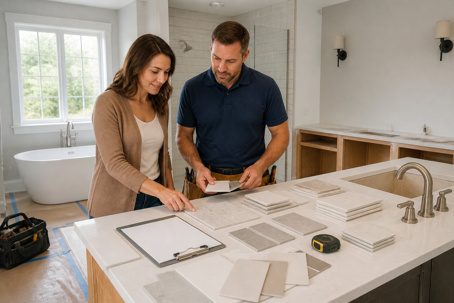 A homeowner and contractor review bathroom renovation materials and budgeting items in a partially remodeled bathroom.