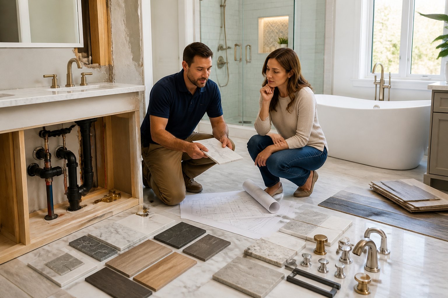 A contractor and homeowner compare bathroom materials and renovation plans in a partially remodeled bathroom.