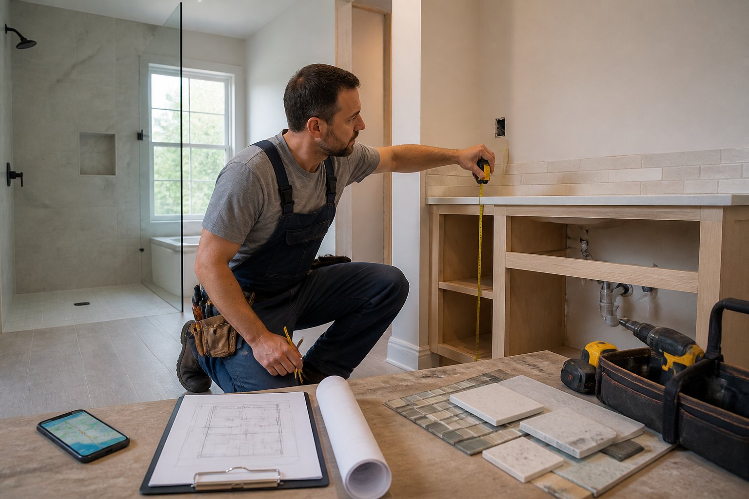 A contractor measures a bathroom under renovation beside remodeling materials and tools.