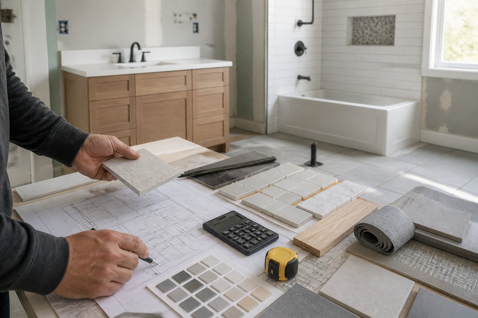 A renovation workspace with bathroom material samples, fixtures, tools, and plans arranged beside an unfinished modern bathroom.