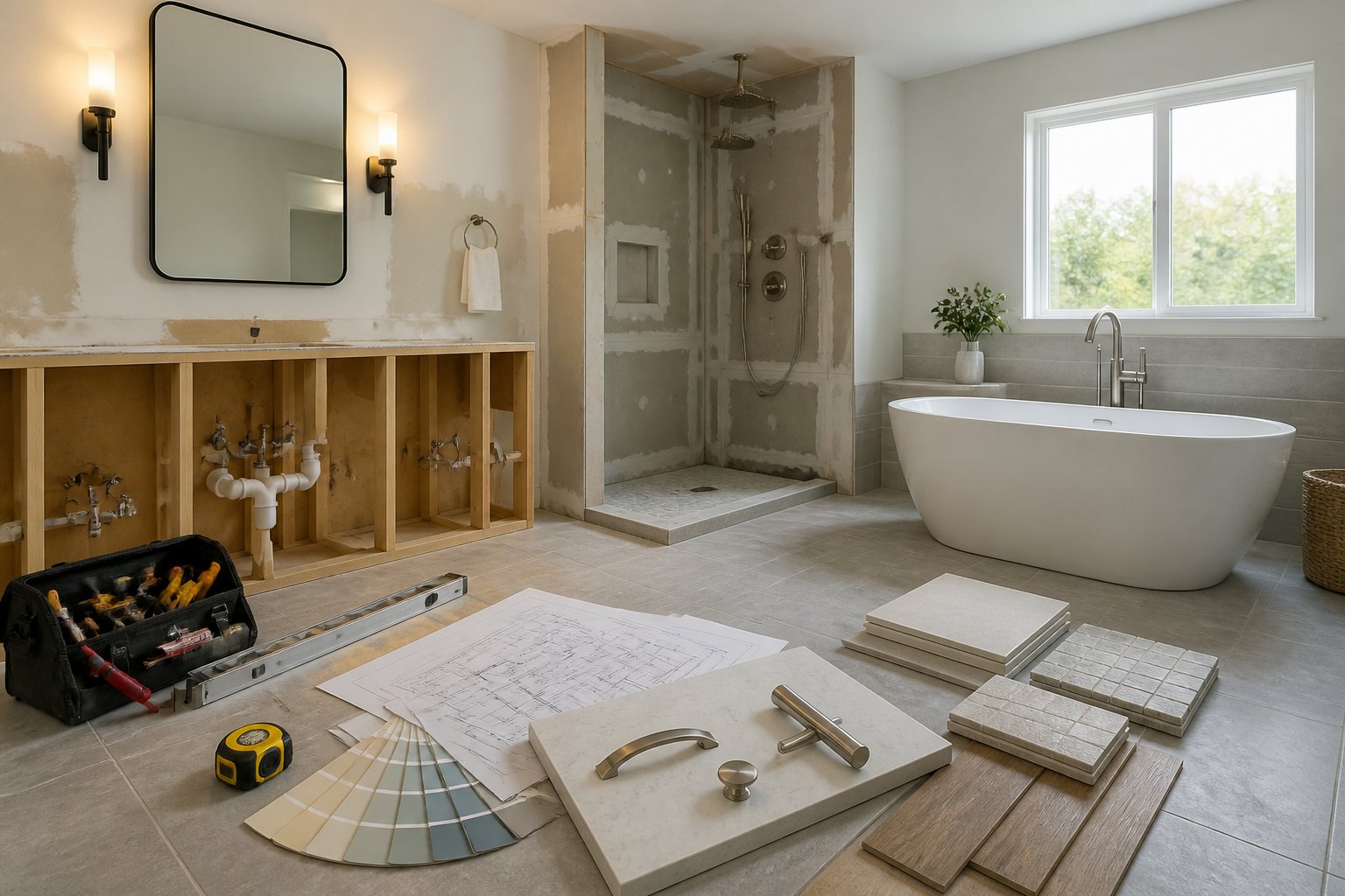 A bright bathroom undergoing renovation with unfinished fixtures, tile samples, tools, and remodeling materials.