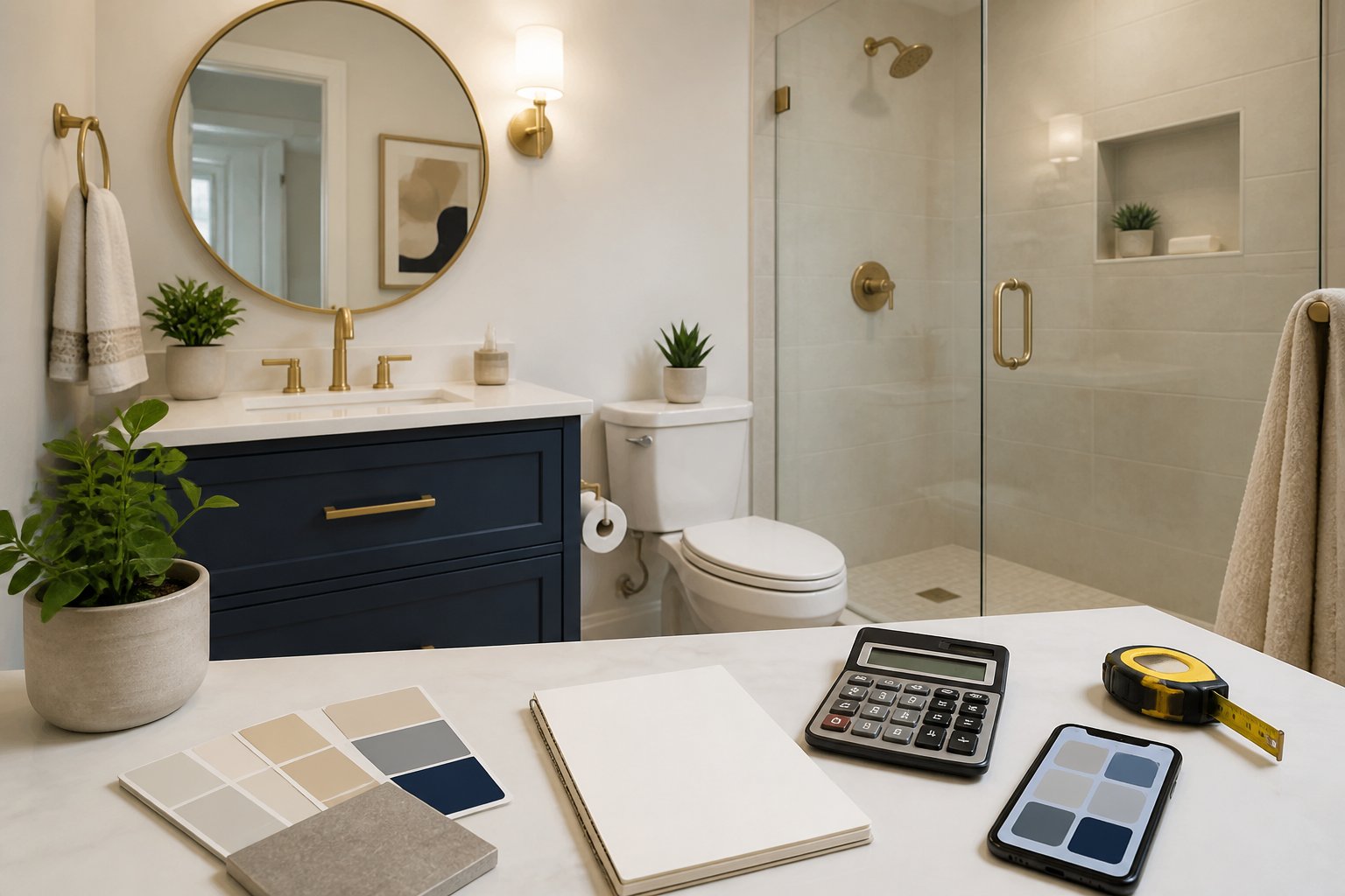 A compact modern bathroom with renovation samples, a calculator, and planning tools on the countertop.