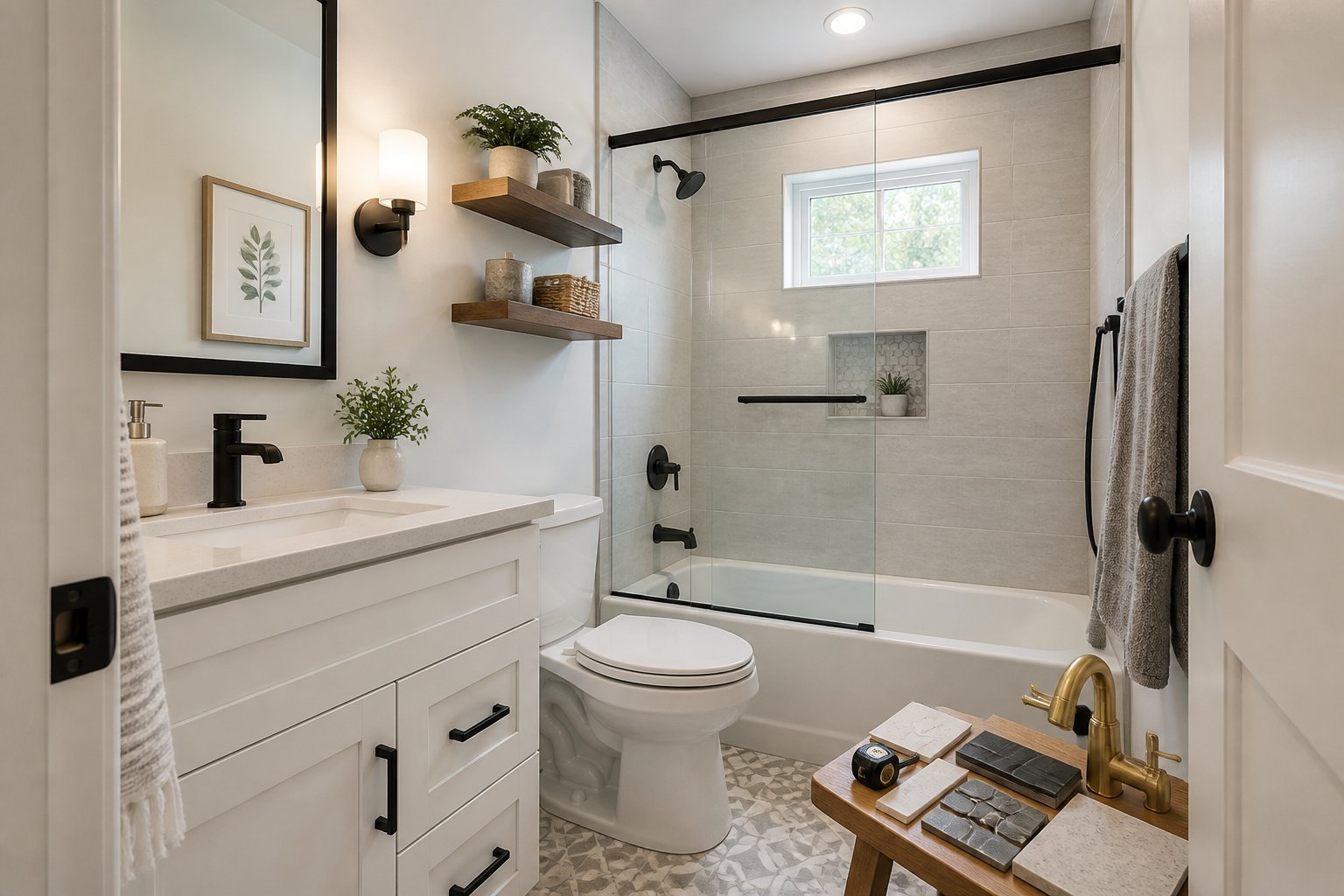 A compact remodeled bathroom with modern fixtures, neutral tile, and renovation material samples.