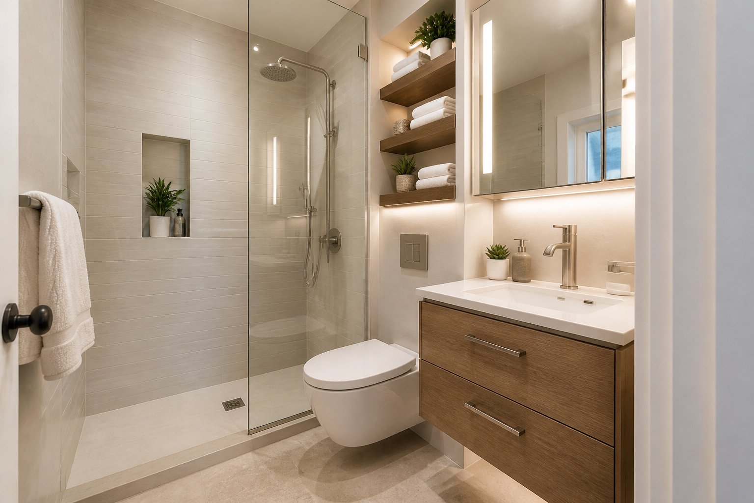 A compact remodeled bathroom with a glass shower, floating vanity, and space-saving storage.