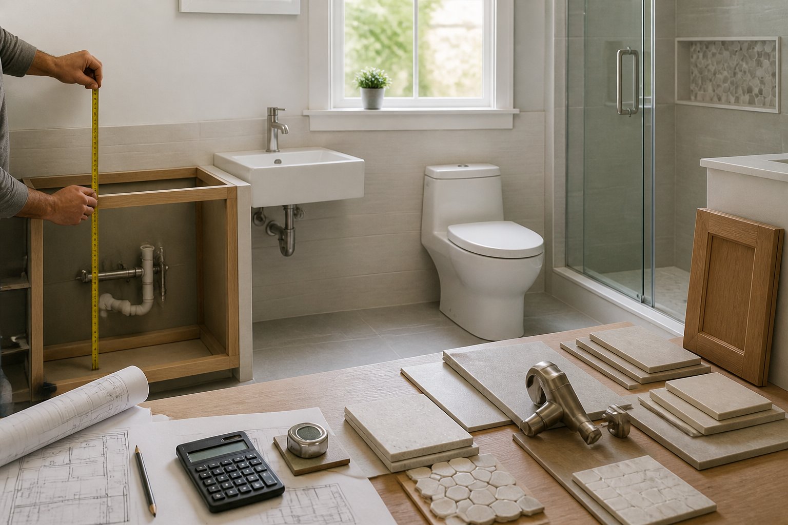 A compact bathroom being carefully renovated with fixtures, tiles, tools, and plumbing materials arranged around the small space.