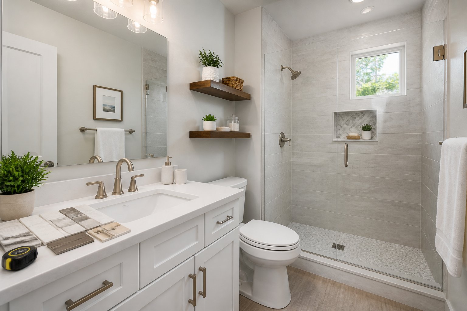 A compact modern bathroom with a white vanity, glass shower, neutral tile, and remodeling samples.