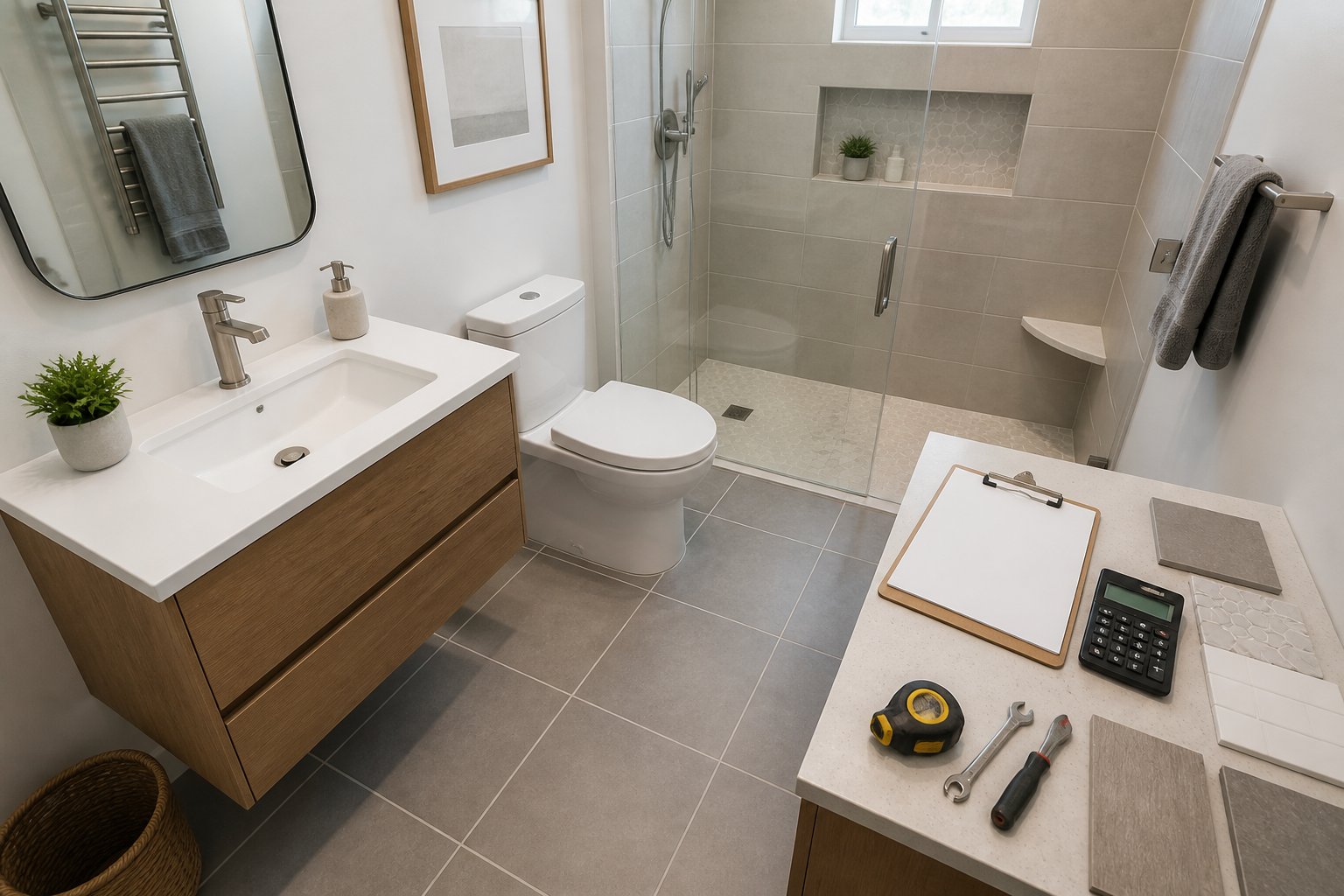 A compact modern bathroom being remodeled with tile samples, a calculator, measuring tape, and renovation tools.