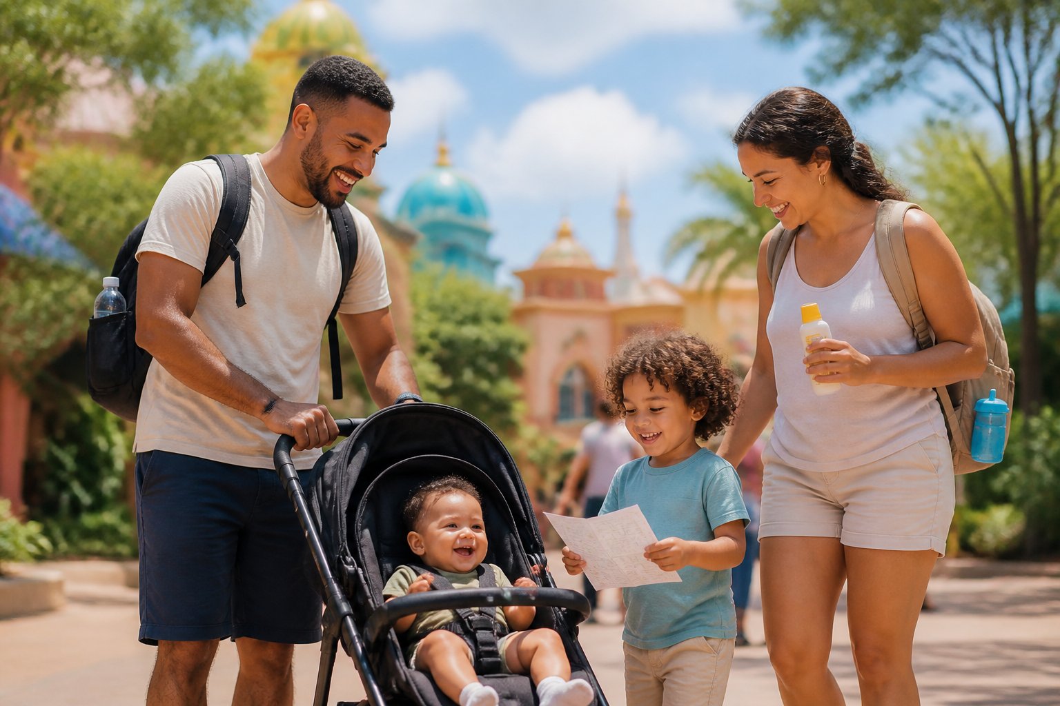 Família com um bebê no carrinho e uma criança pequena passeando em um parque ensolarado de Orlando.