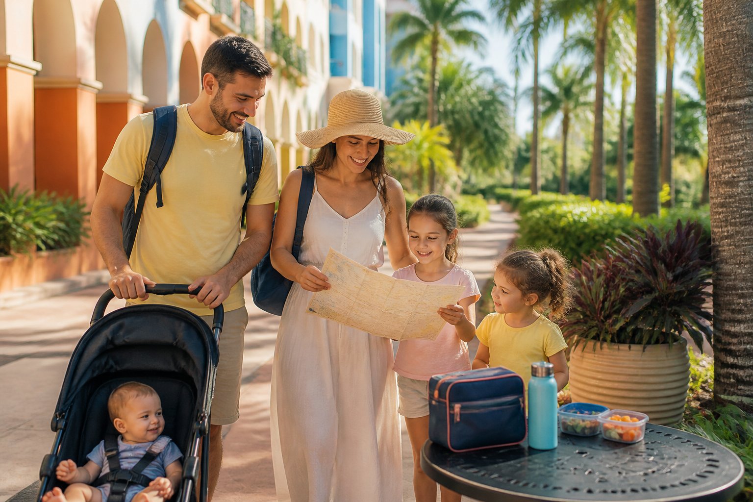 Família com duas crianças pequenas, incluindo um bebê no carrinho, caminhando em um resort ensolarado em Orlando.
