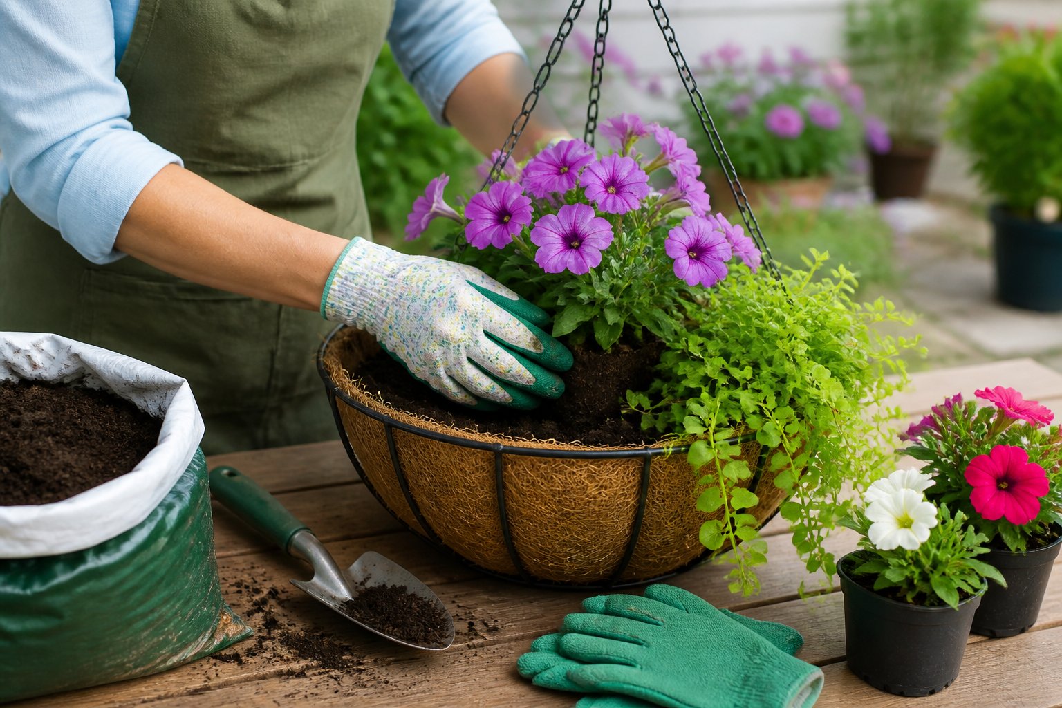 A beginner gardener plants colorful flowers and trailing greenery in a hanging basket on a sunny patio.
