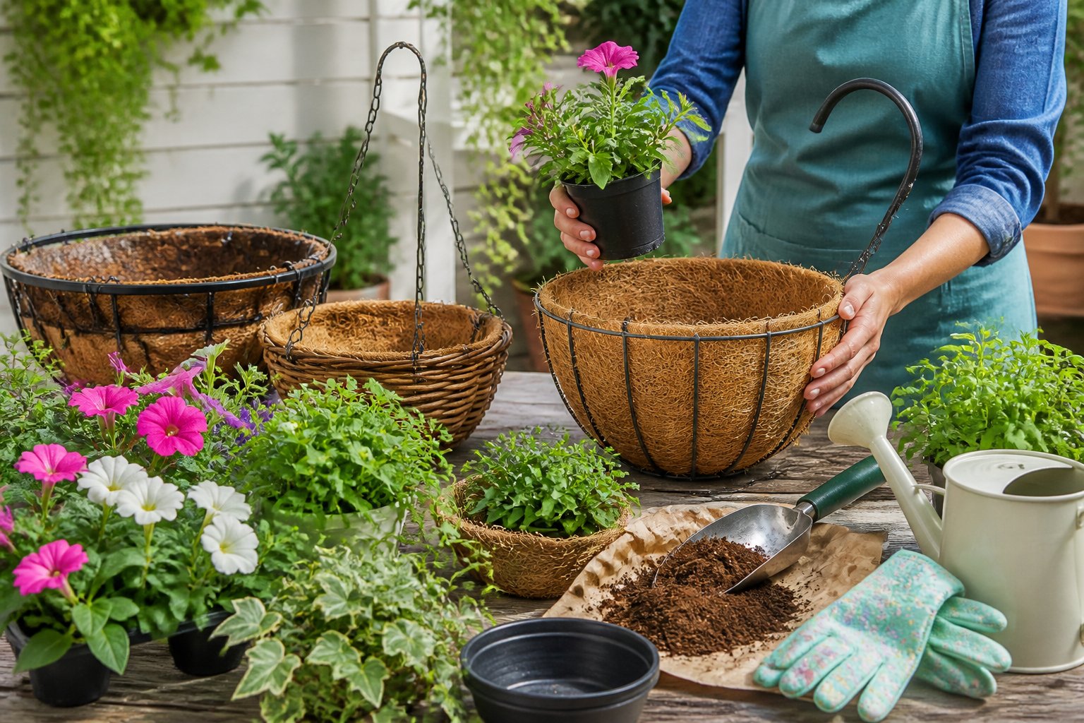 A gardener selects hanging baskets, plants, potting mix, and tools on a sunny gardening workspace.