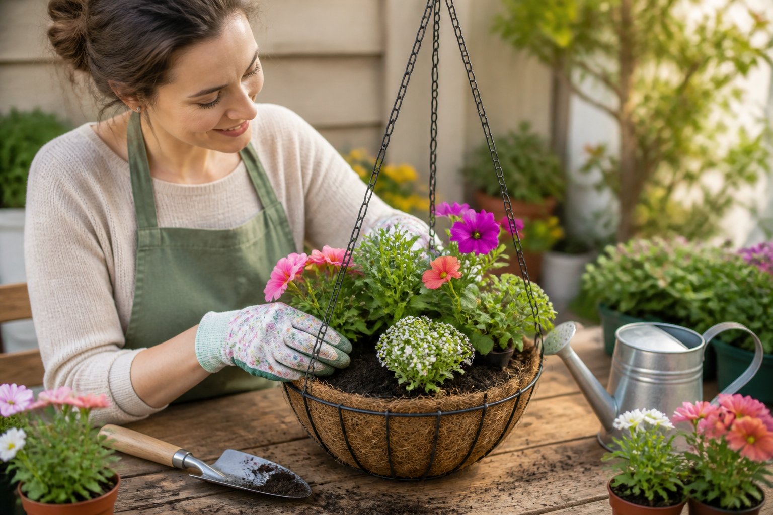 A beginner gardener plants flowers and soil into a lined hanging basket outdoors.