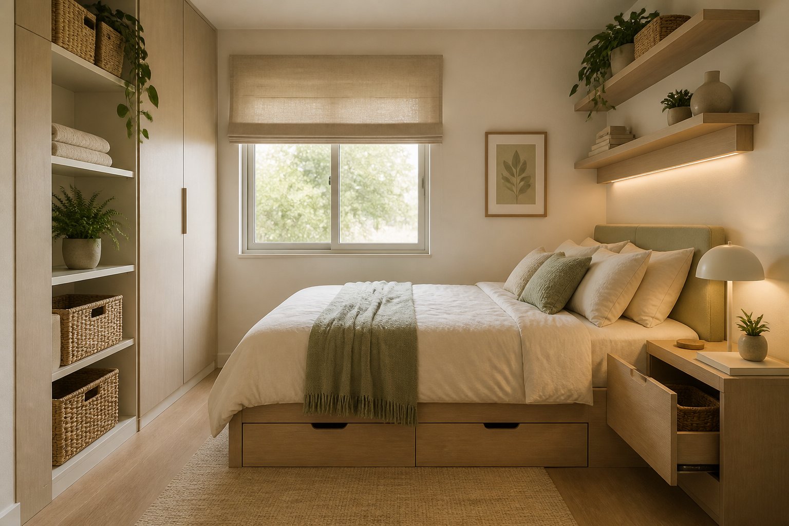 A small, tidy bedroom with a neatly made bed and organized space-saving storage.