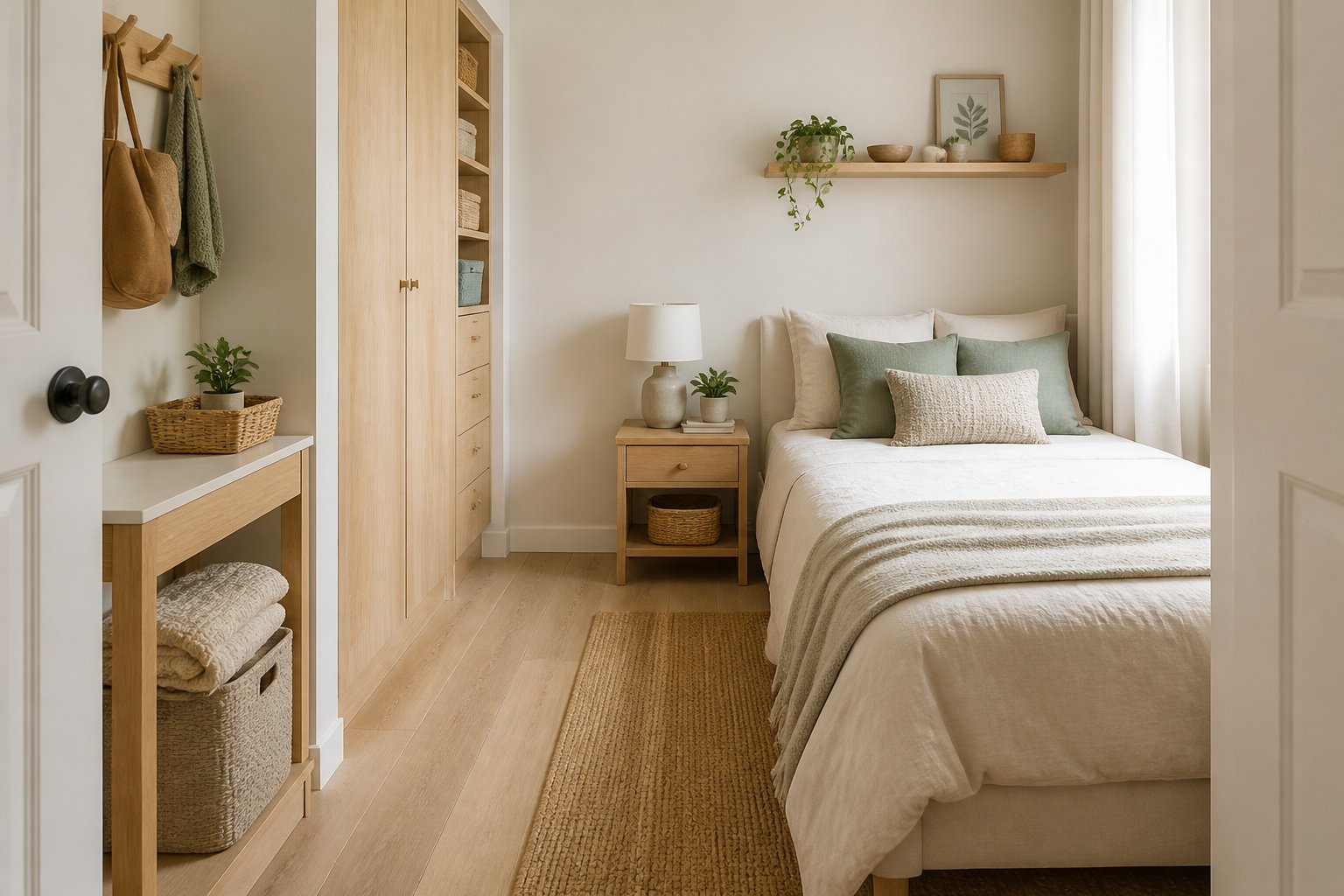 A small tidy bedroom with a neatly made bed and space-saving storage arranged for everyday use.