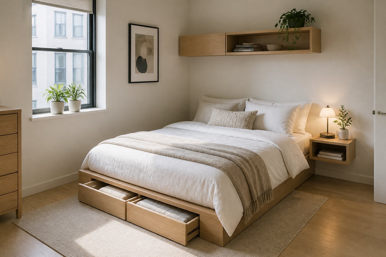 A small, tidy bedroom with a low bed and streamlined storage furniture.