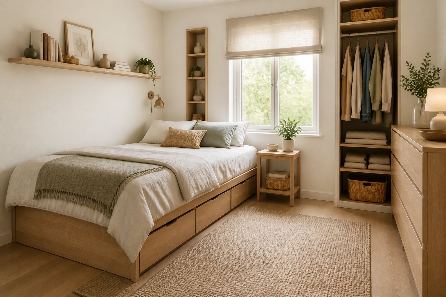 A small bright bedroom with a neatly made bed and discreet storage built into the furniture.