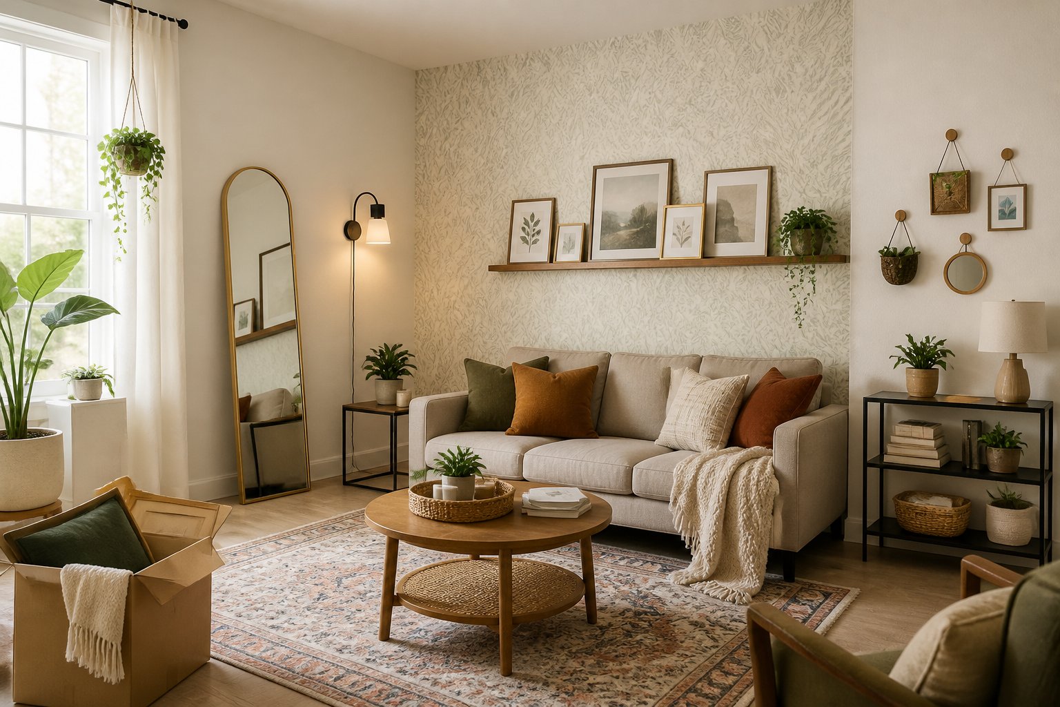 A bright apartment living room featuring removable decor upgrades, plants, artwork, a floor mirror, and a few packed moving boxes.