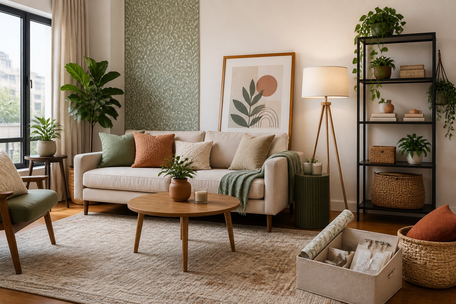Bright apartment living room with removable wall decor, freestanding furniture, plants, and portable decorating supplies.
