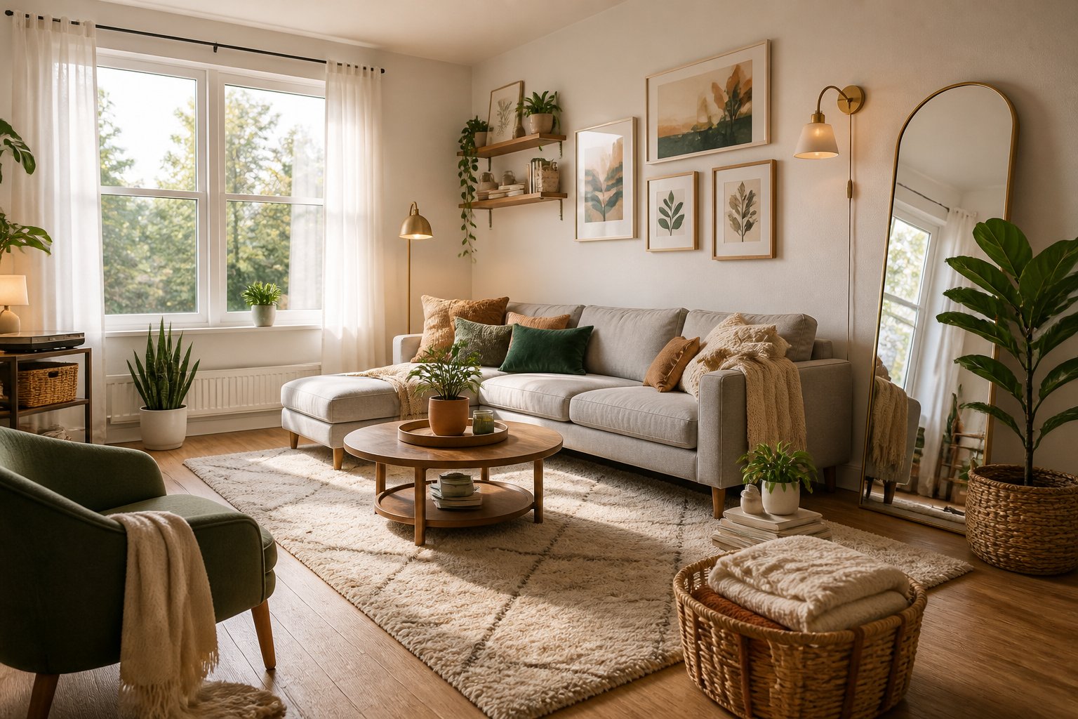 Bright rental living room featuring removable decor, portable furnishings, plants, and layered textiles.