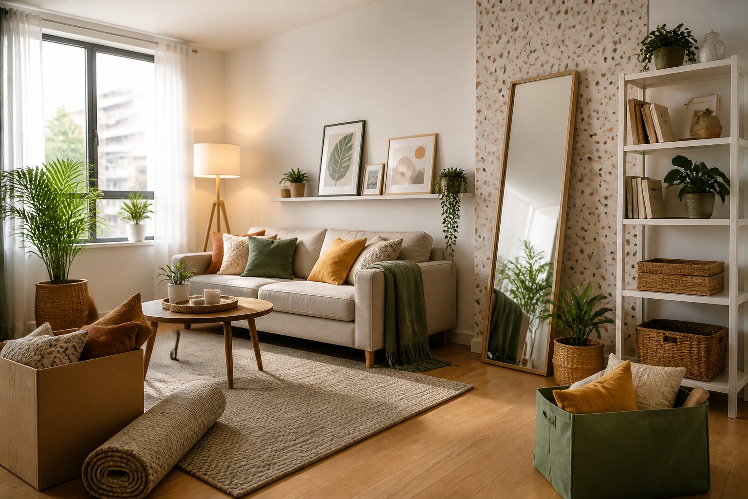 Bright apartment living room decorated with portable artwork, plants, lamps, rugs, and removable wall decor.
