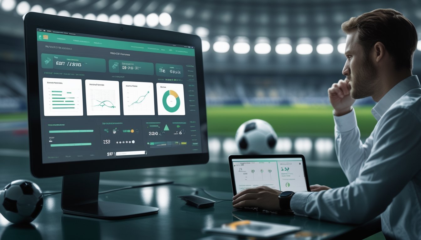 Seseorang meninjau analisis pertandingan sepak bola dan grafik odds pada komputer dan ponsel di meja kerja modern.