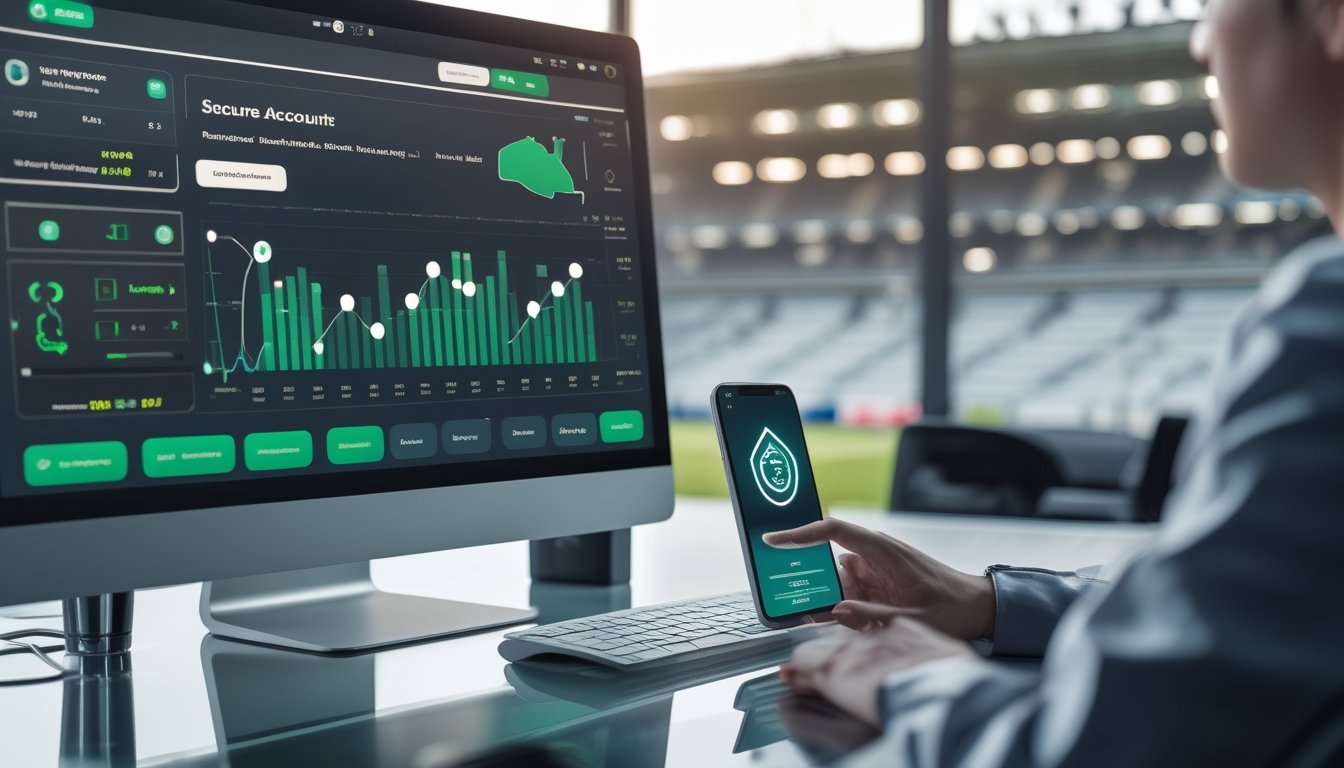 Meja kerja modern dengan monitor analisis pertandingan sepak bola dan simbol keamanan digital.