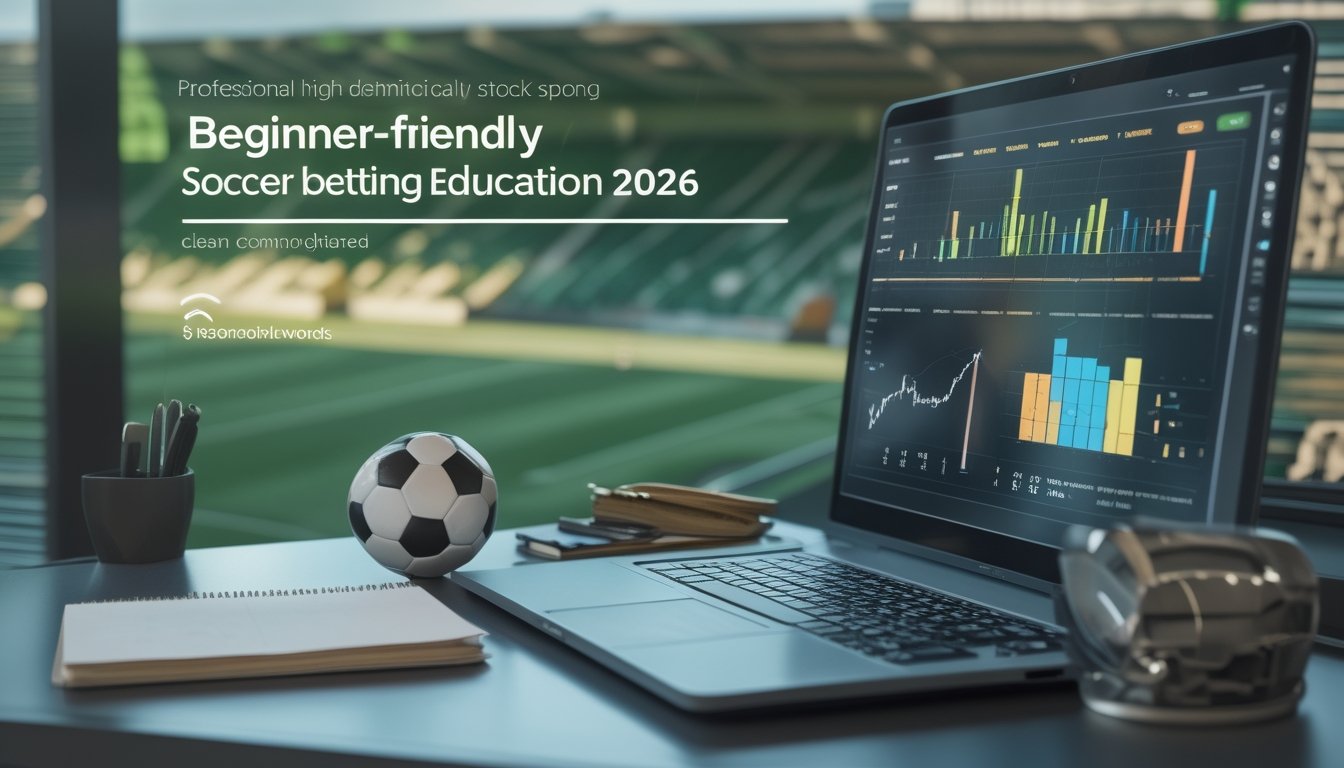 Seorang pemula menganalisis pertandingan sepak bola di depan laptop dengan bola dan perlengkapan catatan di meja.
