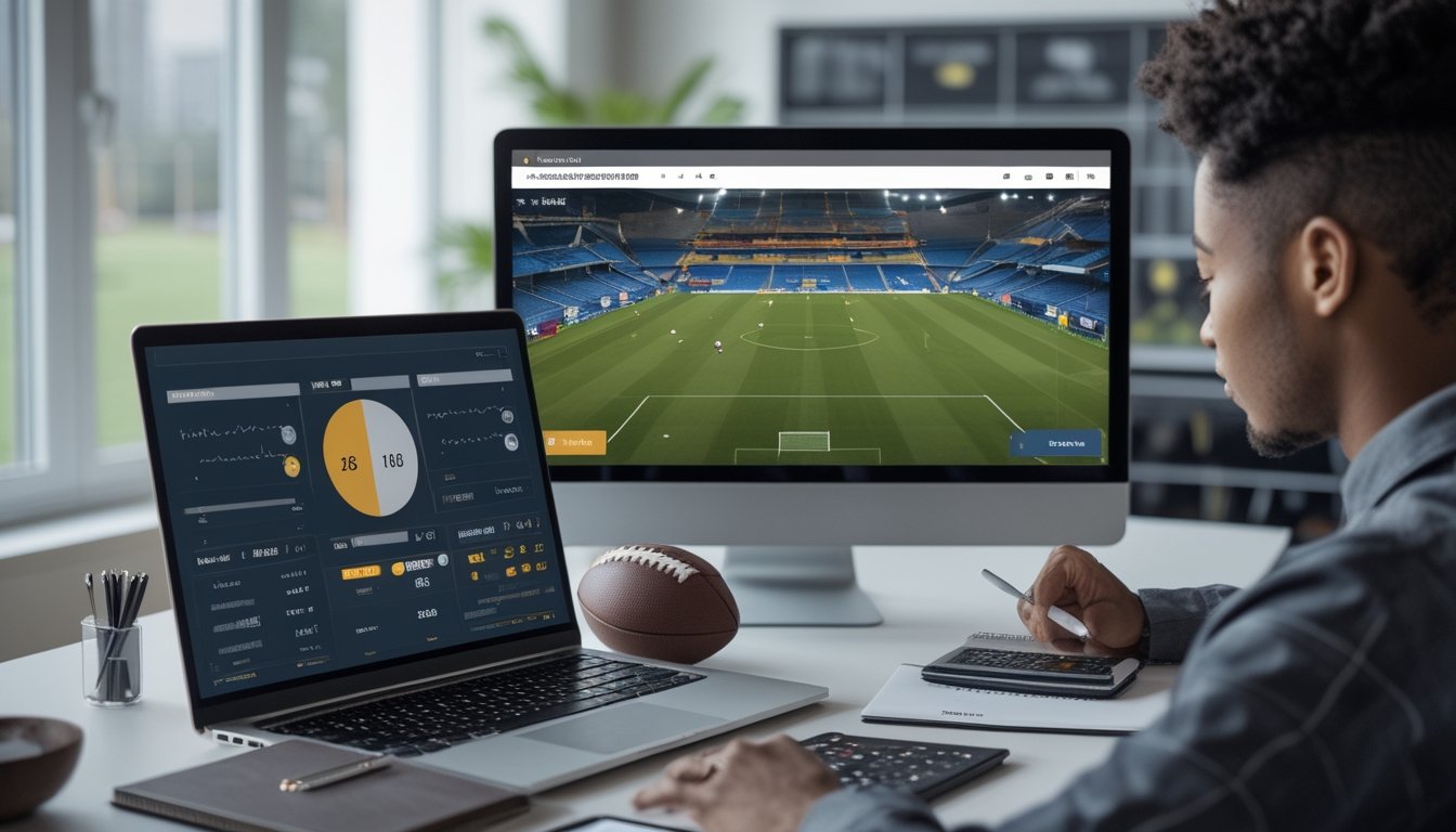 Seseorang mempelajari statistik pertandingan sepak bola di meja kerja dengan laptop, bola, buku catatan, dan kalkulator.
