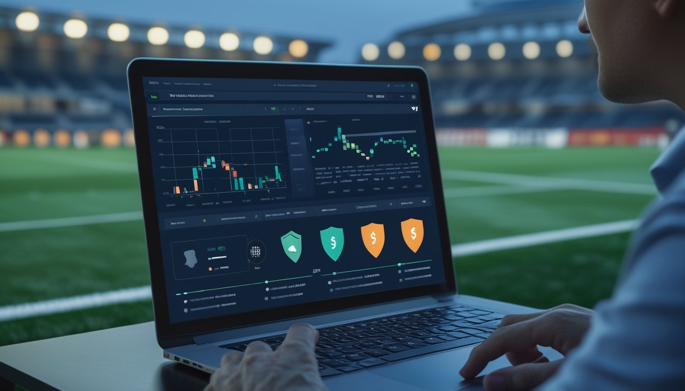 Analis profesional meninjau analisis pertandingan sepak bola di stadion modern menggunakan perangkat digital.