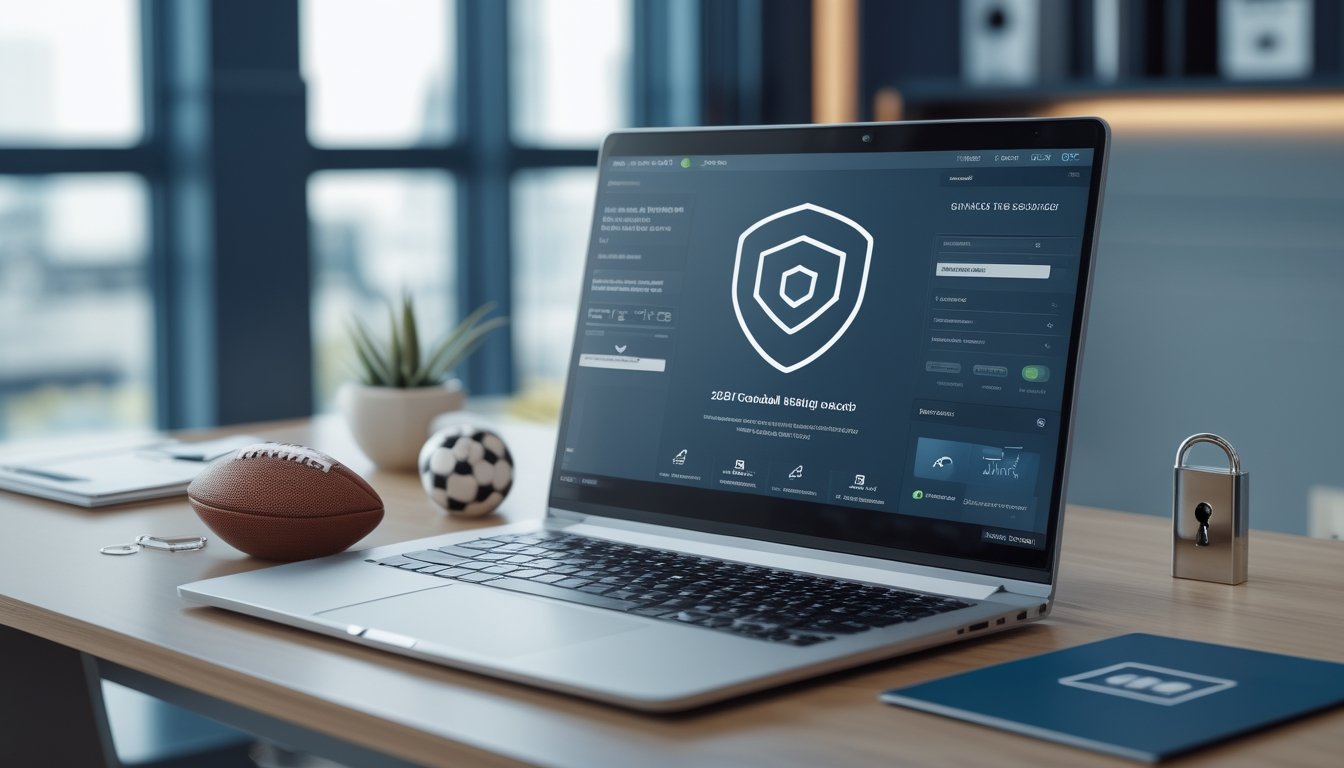 Laptop dengan dasbor sepak bola, ikon perisai dan gembok, serta dokumen legalitas di atas meja kantor.