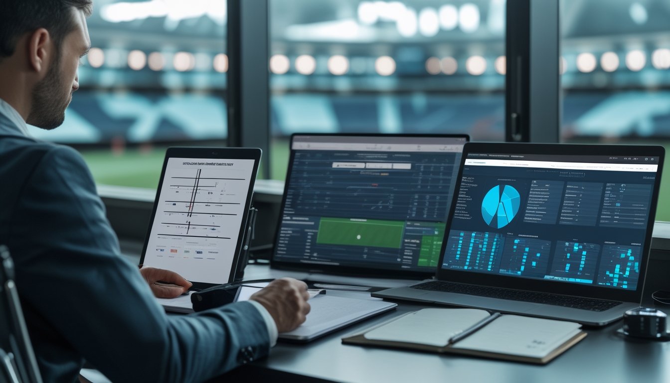 Seorang analis meninjau data pertandingan sepak bola di meja kerja modern dengan latar stadion.