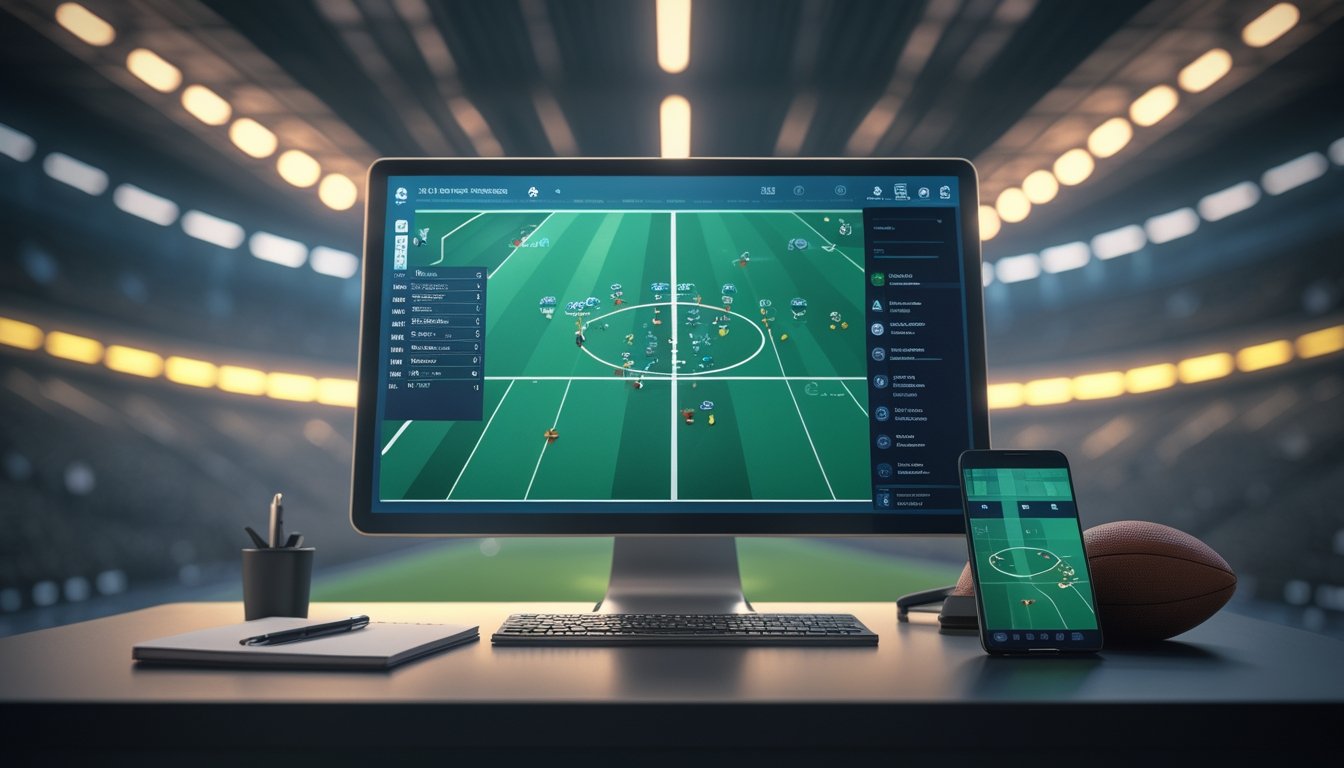 Meja kerja analisis pertandingan sepak bola dengan monitor berisi grafik taktik, buku catatan, ponsel, dan bola di depan stadion.