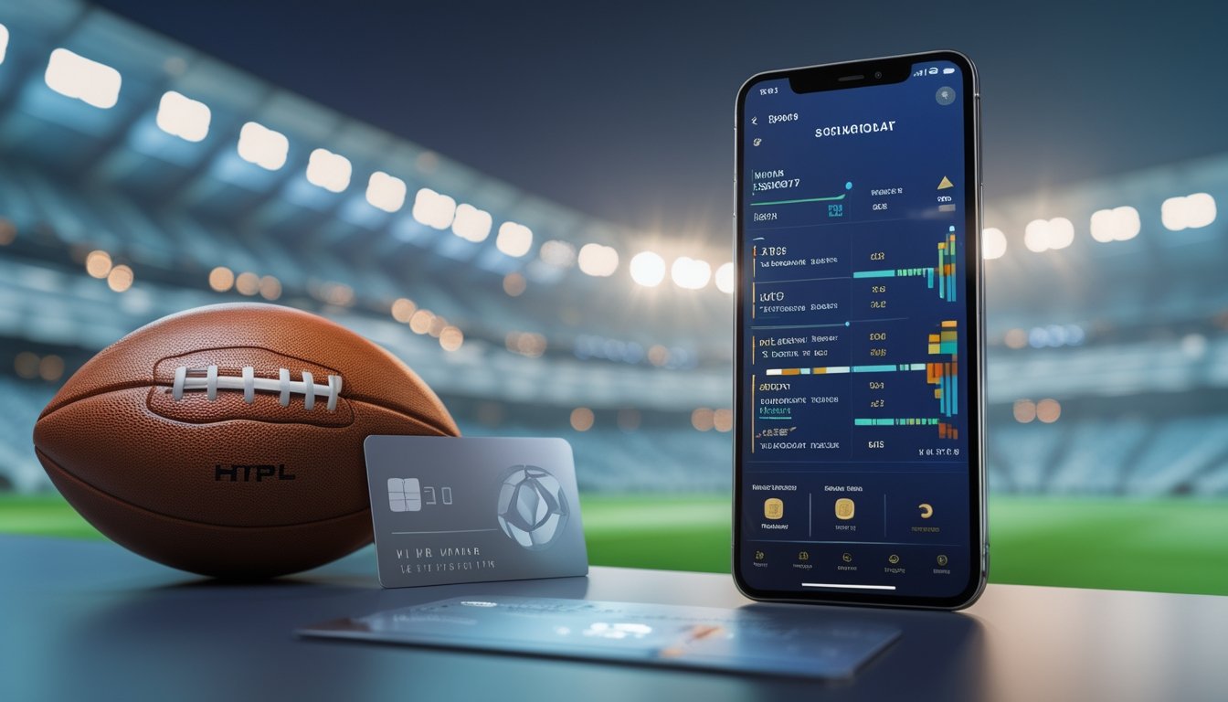 Ponsel dengan tampilan analisis pertandingan sepak bola di atas meja, dikelilingi bola dan kartu keanggotaan premium, dengan stadion yang tampak samar di latar belakang.