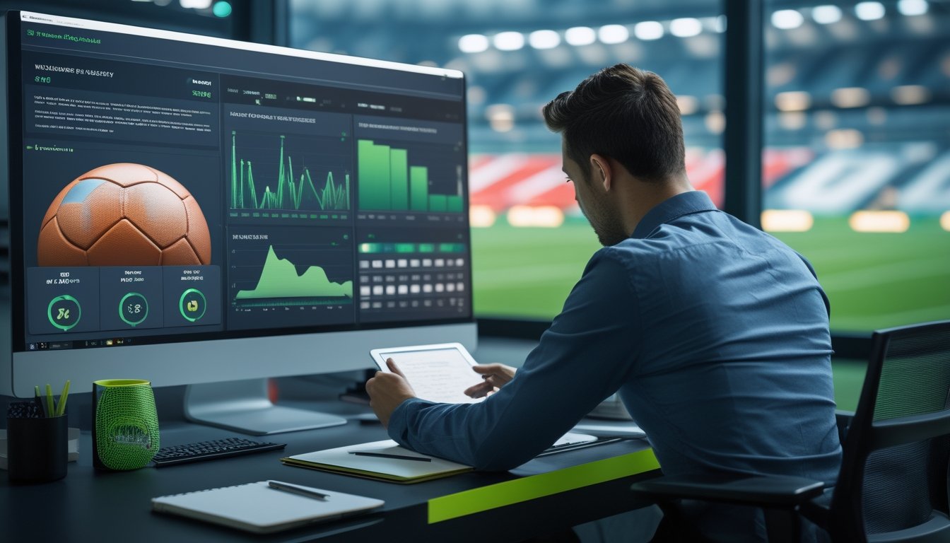 Seorang analis mengamati grafik data pertandingan sepak bola di ruang kerja modern.
