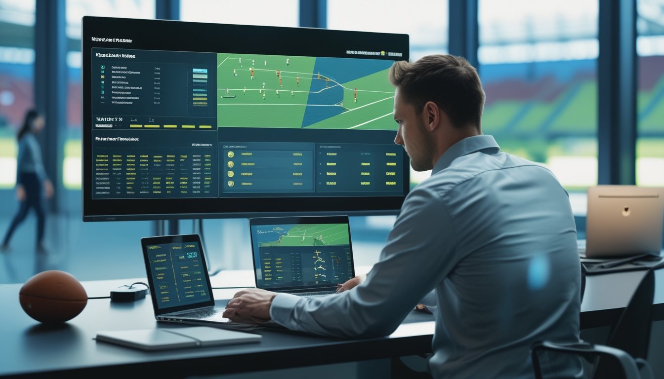 Seorang analis sepak bola memeriksa data pertandingan pada beberapa layar di ruang kerja modern.