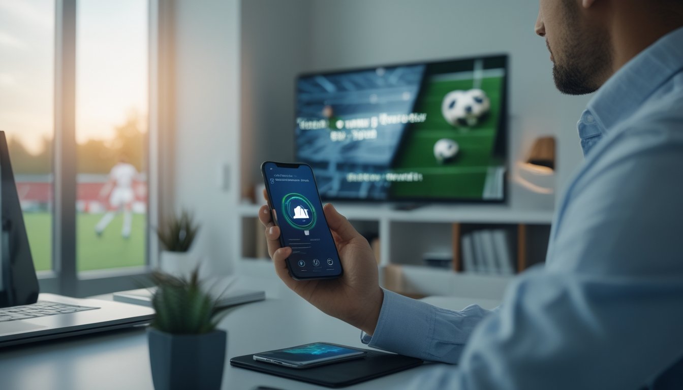 Seseorang menggunakan dompet digital di ponsel saat menyaksikan pertandingan sepak bola.