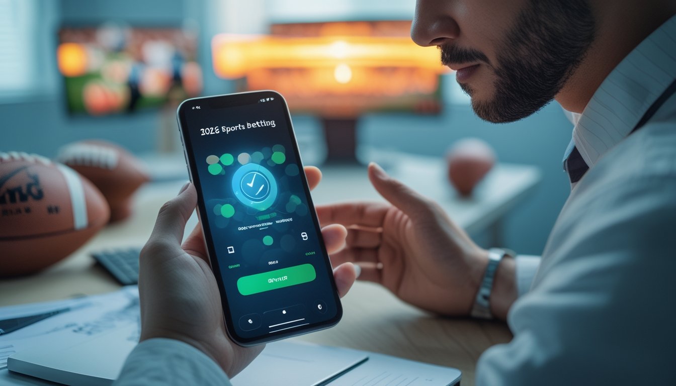 Seseorang menggunakan ponsel untuk menyelesaikan pembayaran digital dengan suasana sepak bola yang samar di latar belakang.