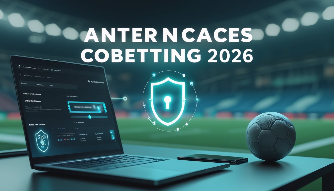 Laptop dan ponsel menampilkan antarmuka digital abstrak di samping bola sepak dalam ruang kerja modern dengan latar stadion yang buram.